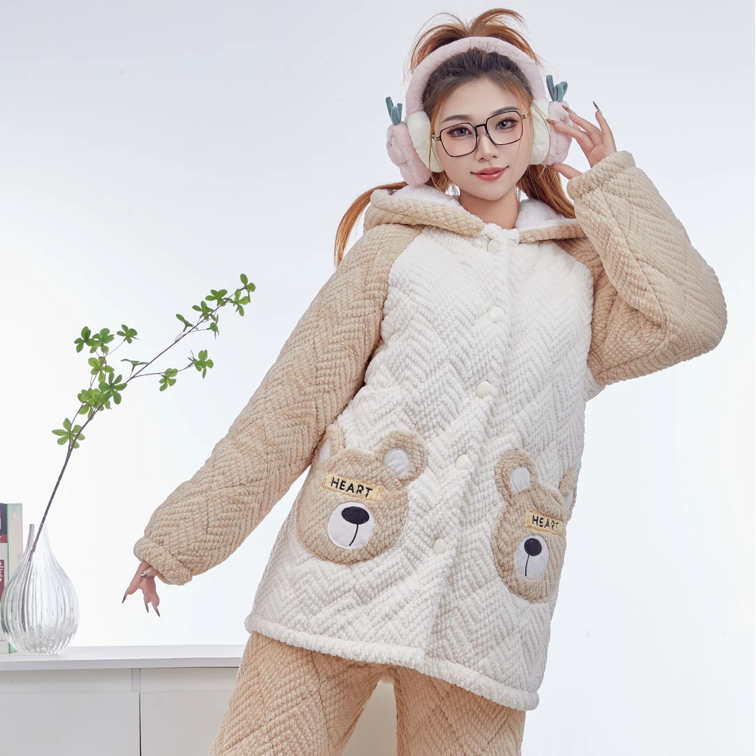 新款冬款7121女夹棉睡衣时尚三层夹棉加厚舒适家居服套装加绒保暖