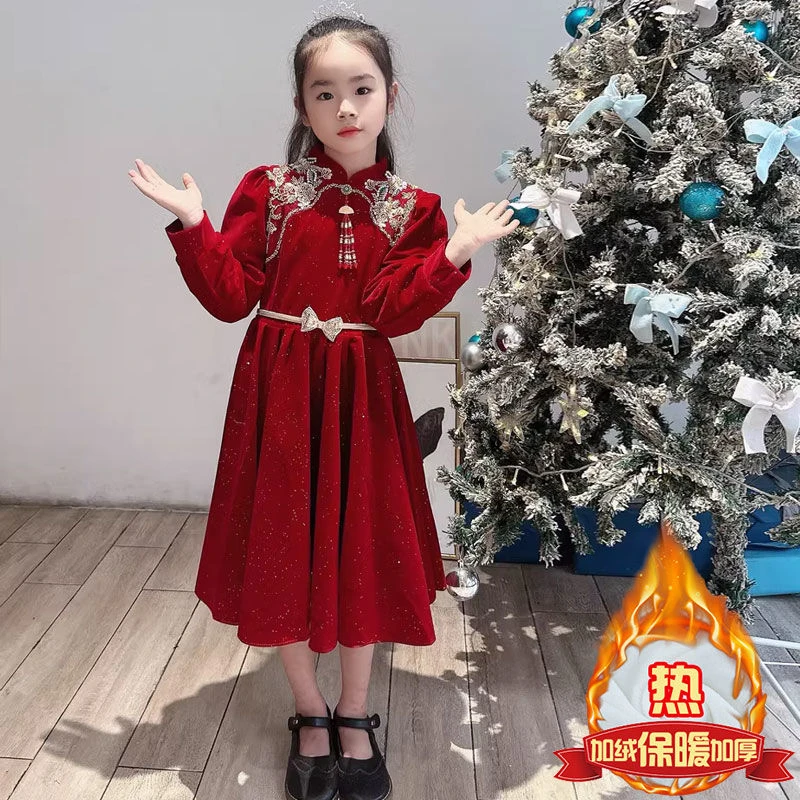 拜年服女童礼服连衣裙秋冬加绒2025新款中国风儿童新年裙子过年服