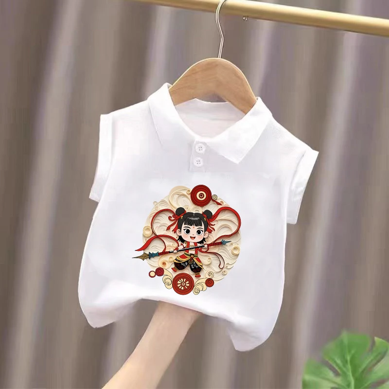 宝宝夏季纯棉无袖Polo衫男女童2025新款哪吒上衣服儿童卡通打底衫