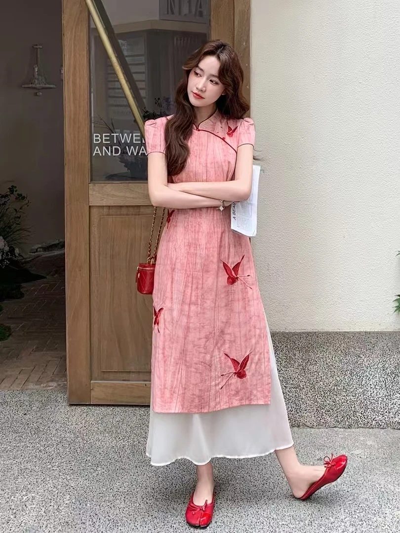 赴约极简女装新中式花边拼接改良旗袍裙
