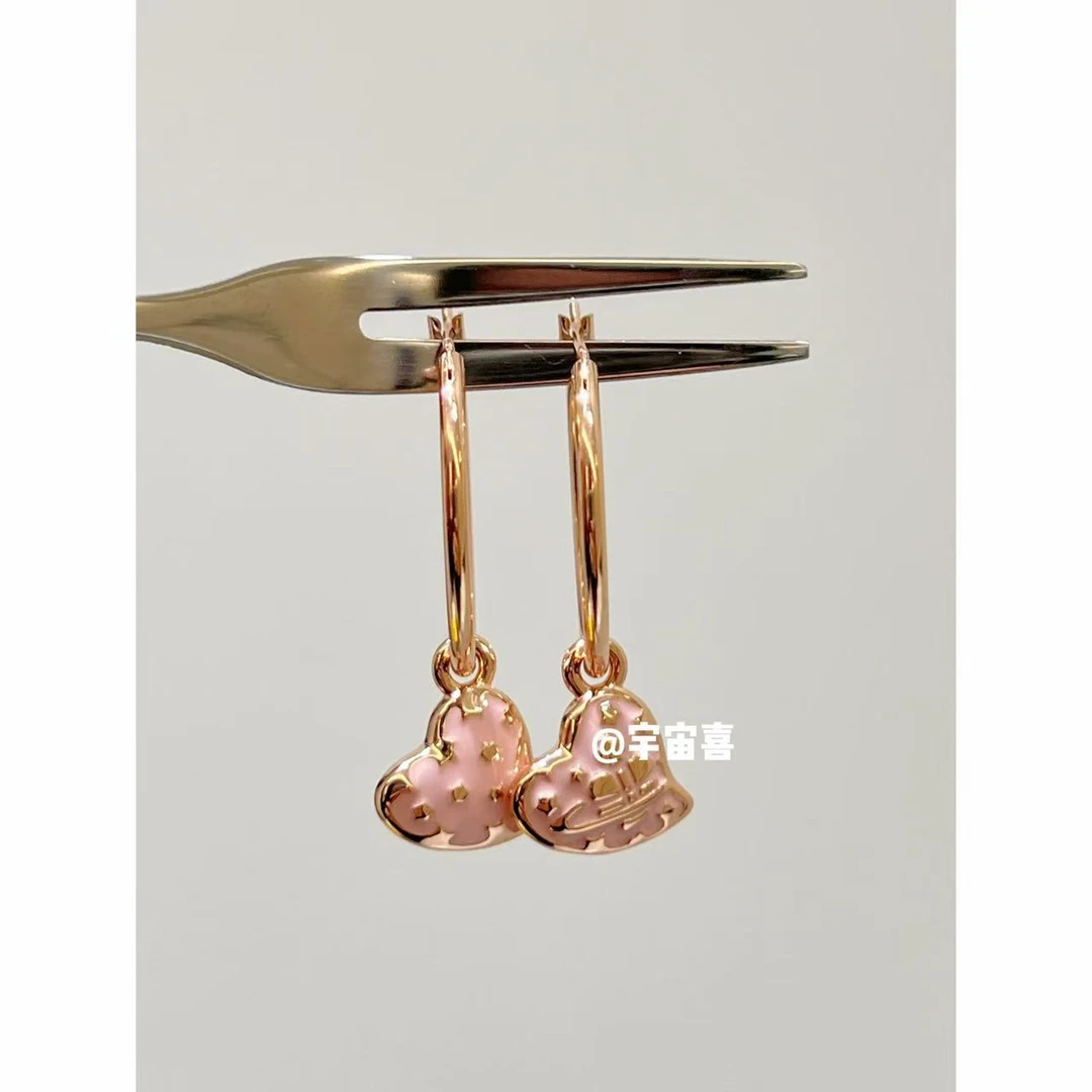 铜合金珐琅耳饰  C3-087【粉金色金属耳扣小尾巴珐琅爱心星球】粉色