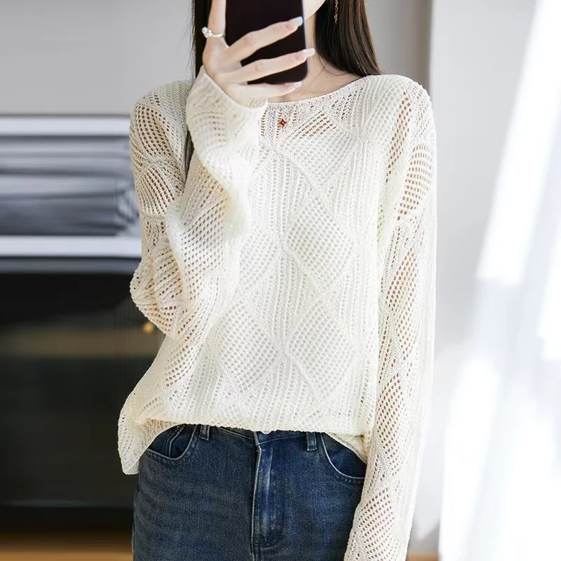 天丝亚麻镂空套头衫罩衫~小个子可穿 时尚慵懒风针织衫减龄百搭