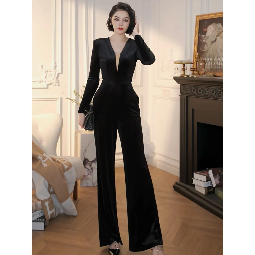 XUANYAN 拼接高腰长裤常规阔腿裤连体裤气质轻奢设计感名媛