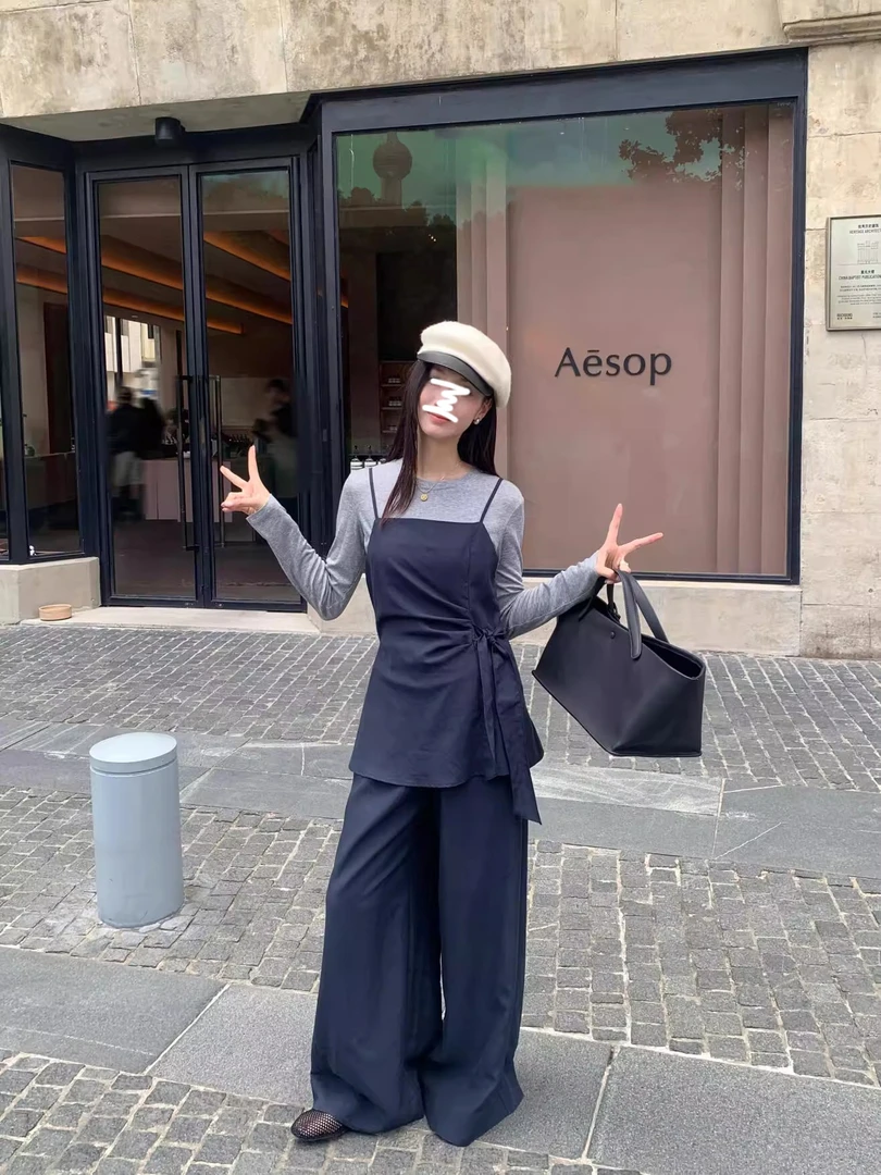 韩系穿搭吊带背心长袖T恤打底衫上衣两件套女秋季休闲裤时尚套装