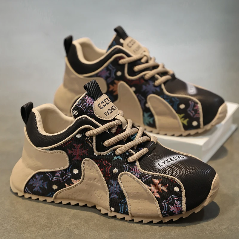 网红潮流男鞋2025春季透气百搭小众时尚印花轻奢休闲增高老爹鞋男