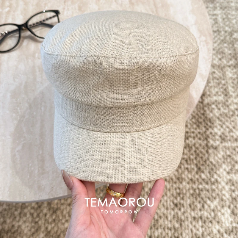 优雅春夏新款奶白色棉麻八角帽子女时尚洋气简约百搭报童帽画家帽