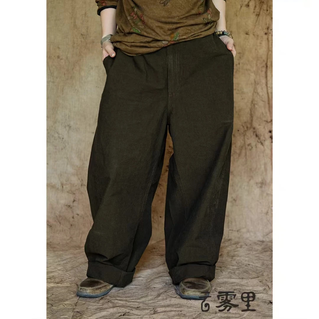 素朴布衣云雾里5155复古做旧文艺宽松亲肤松紧腰阔腿随性纯棉裤子