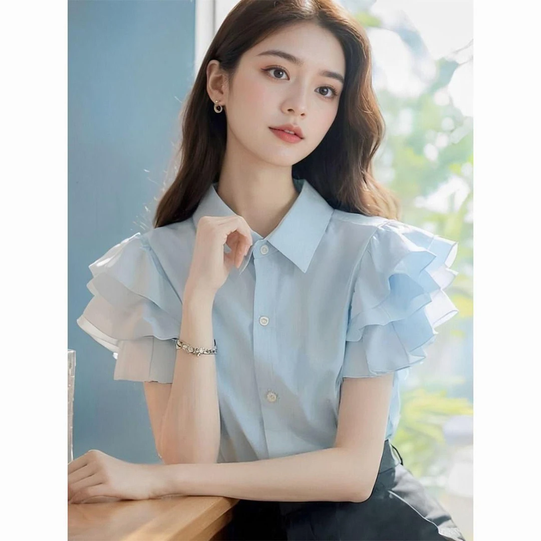 法式小众2025时尚休闲气质上衣蓝色荷叶边短袖衬衫女夏季甜美上衣