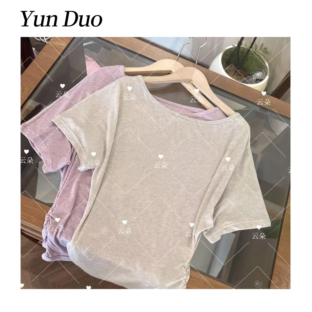 云朵定制【白开水】设计款斜肩掐腰显瘦短袖T恤LD06