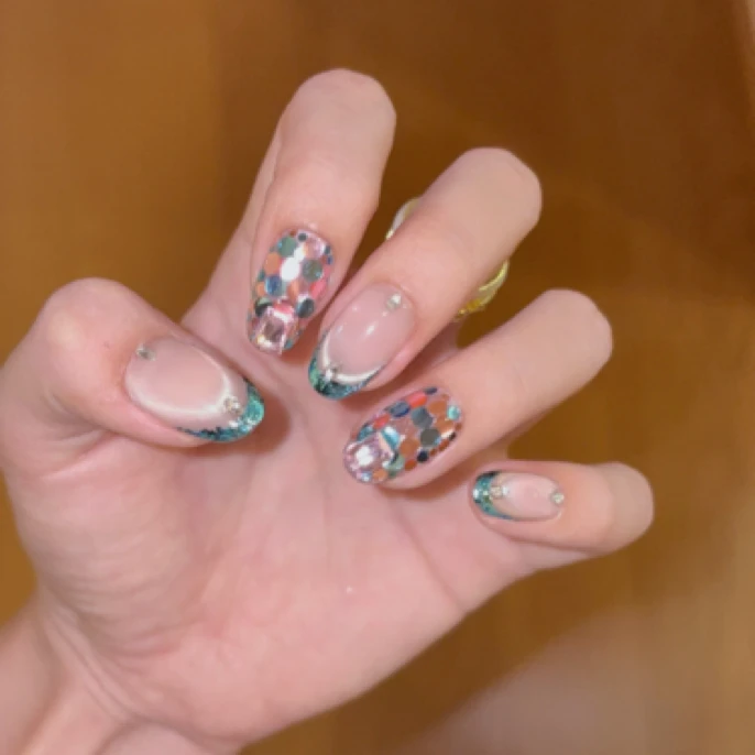 【TMT-nail】蓝波gi尼·夏日亮片法式猫眼手工穿戴甲