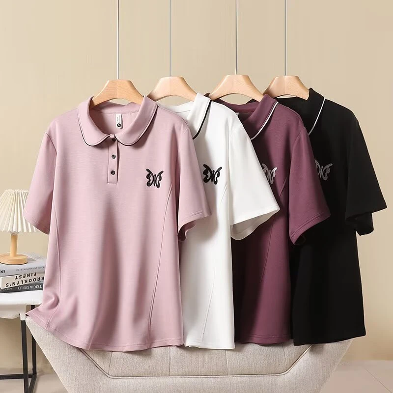 大码胖mm设计感洋气百搭蝴蝶刺绣翻领T恤女夏季新款遮肉显瘦上衣