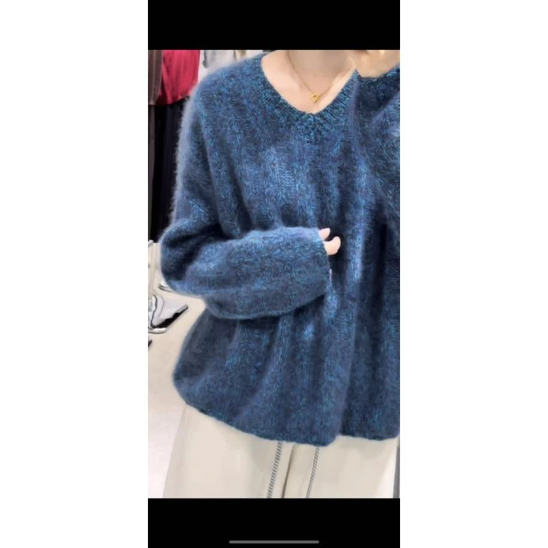 干洗V领花纱韩版慵懒时尚女士网红气质百搭拉毛拉绒长袖套头25666