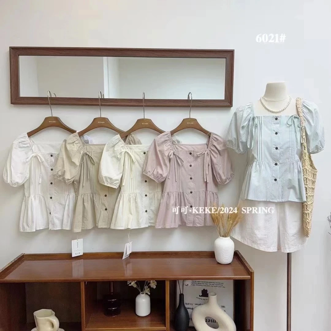 芳芳微胖定制夏季法式短款方领学院风修身韩版小众设计衬衫女6021