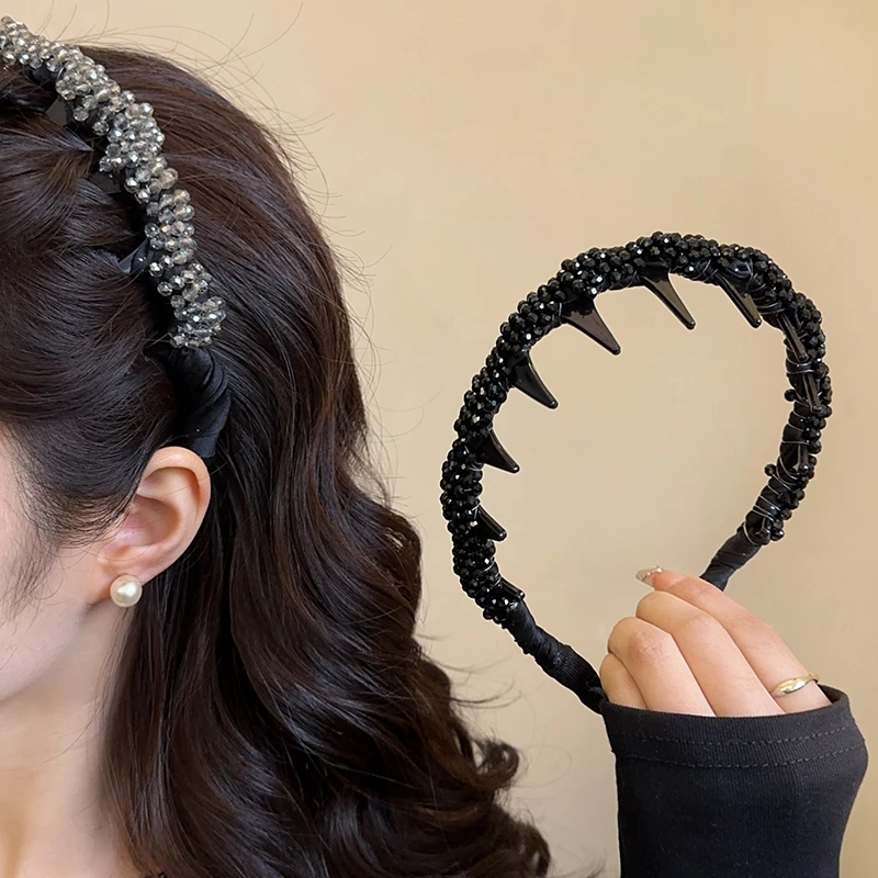 高级感黑色水钻布艺缠绕波浪发箍女小香风百搭发窟高颅顶压头发箍