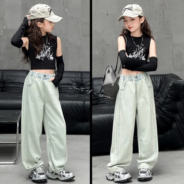 女童弯刀牛仔裤春秋款2025新款中大童洋气儿童韩版时髦宽松长裤潮