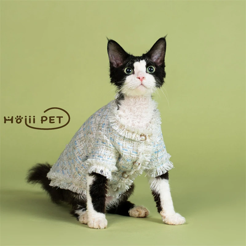 HOiii PET 手工编织小香风流苏毛呢外套德文无毛猫衣服法式高级感