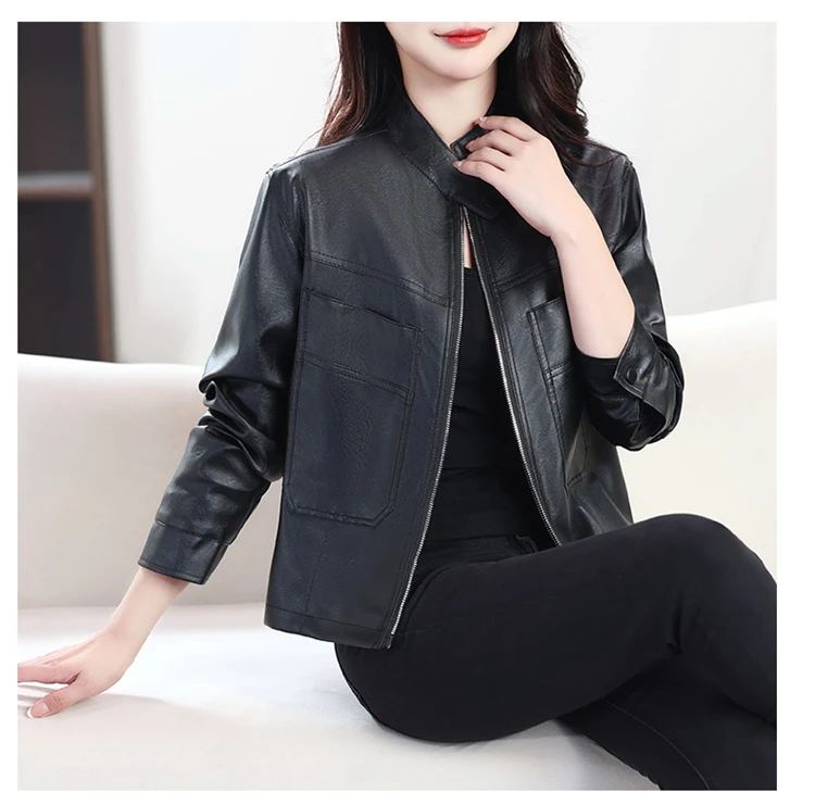 春秋款立领高端优雅女士薄款皮夹克皮衣外套H