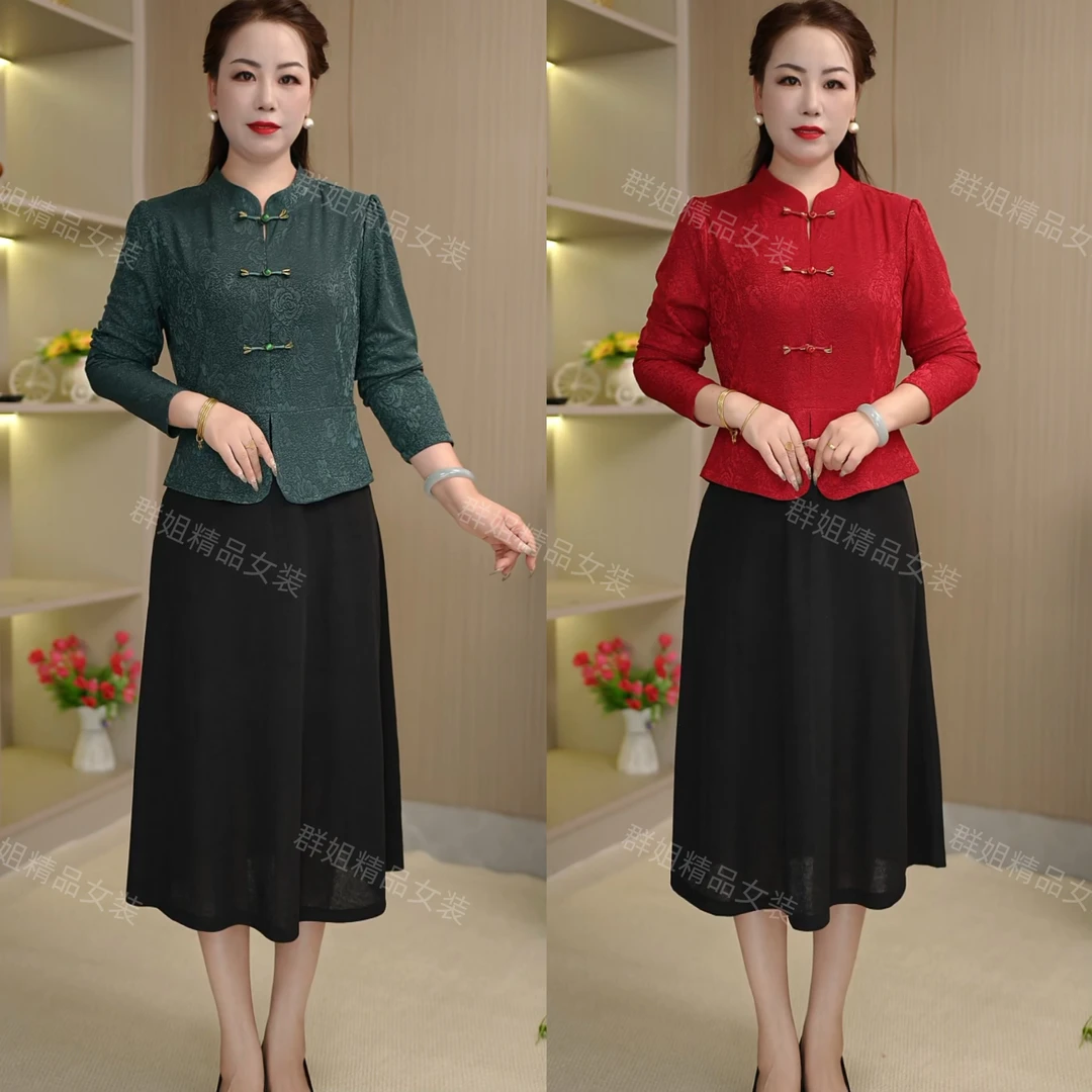 888#新中式显瘦国风新款春秋季假两件中长连衣裙妈妈裙子