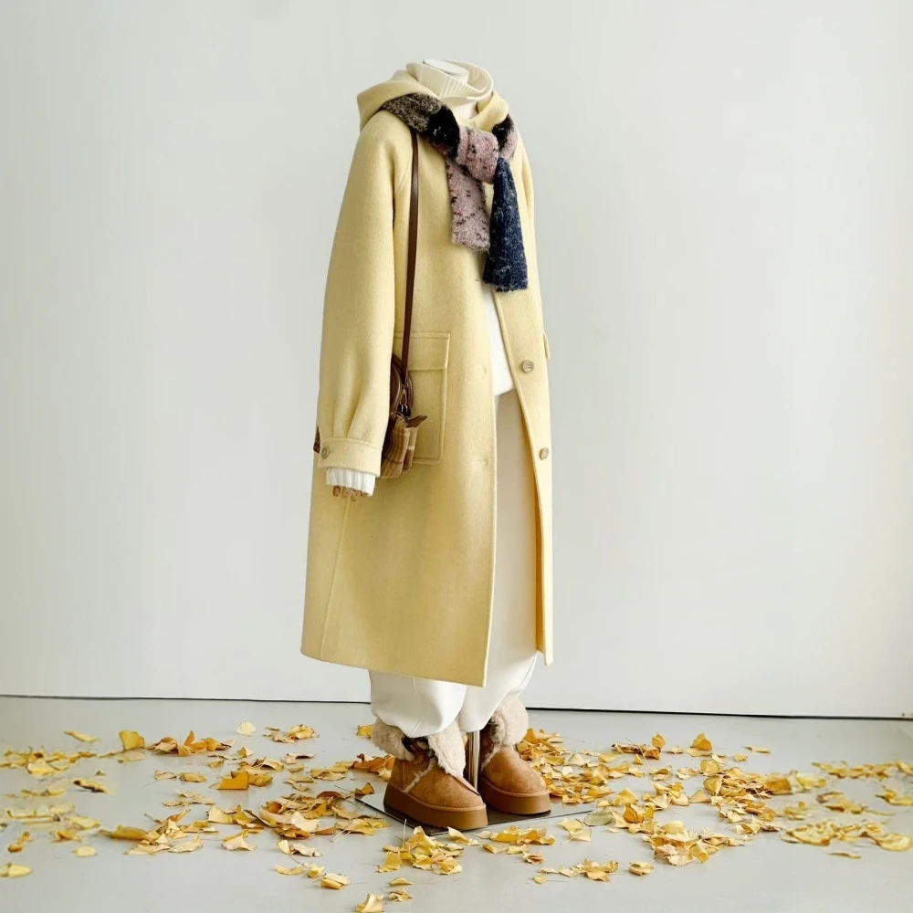奶黄色连帽温柔中长款减龄学院风双面手缝羊毛大衣女休闲毛呢外套