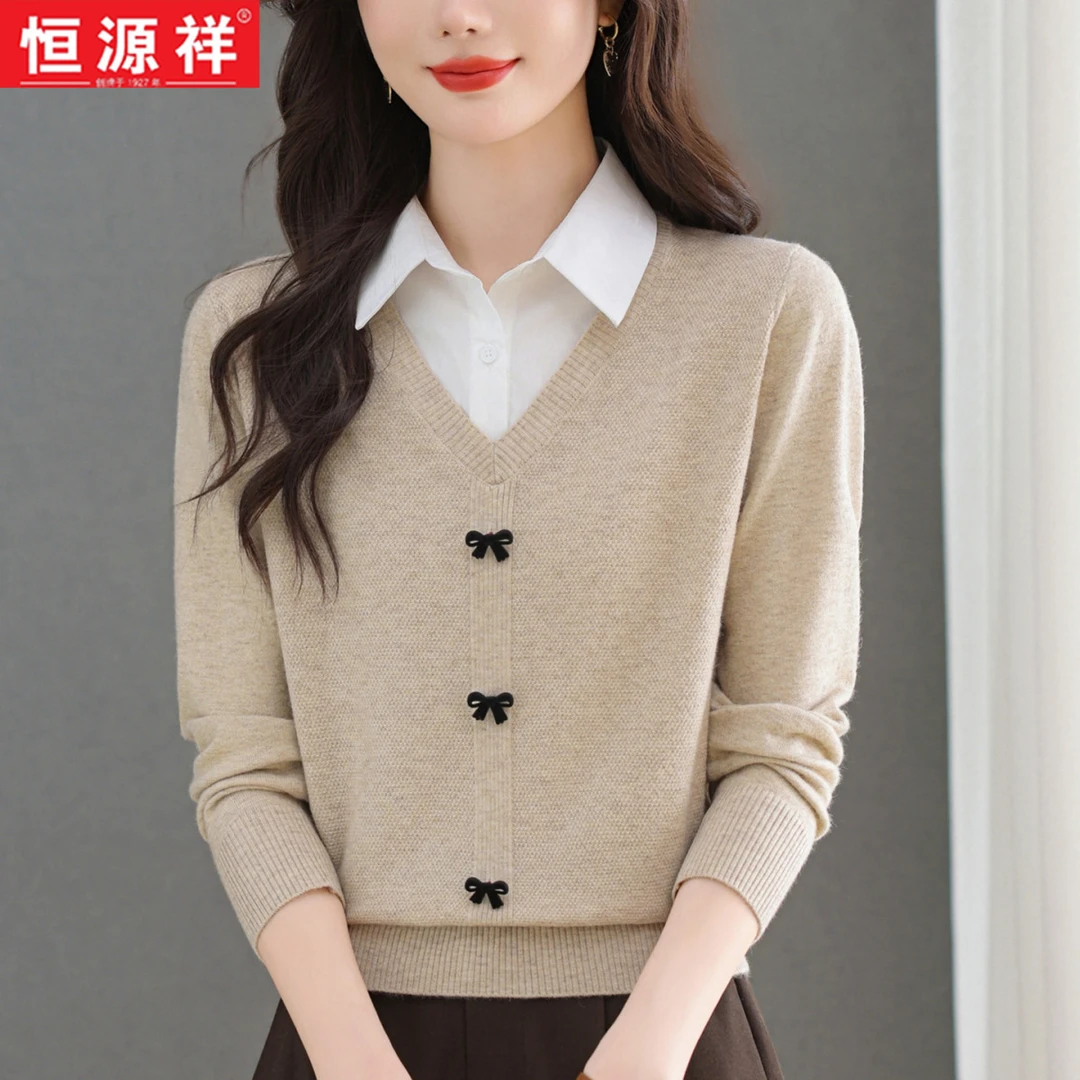 恒源祥毛衣女羊毛衫秋冬新款妈妈装针织打底衫假两件衬衣领上衣女