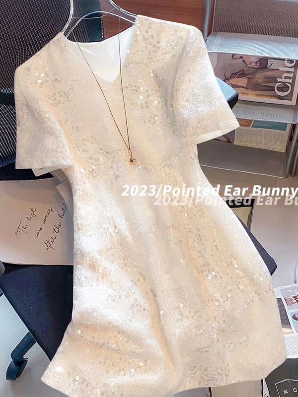 法式高级感小香风V领连衣裙2025夏新款气质亮片显瘦遮肚短裙子女