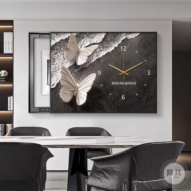 《蝶语花香》黑白灰电表箱装饰画带钟表蝴蝶遮挡配电箱免打孔挂画