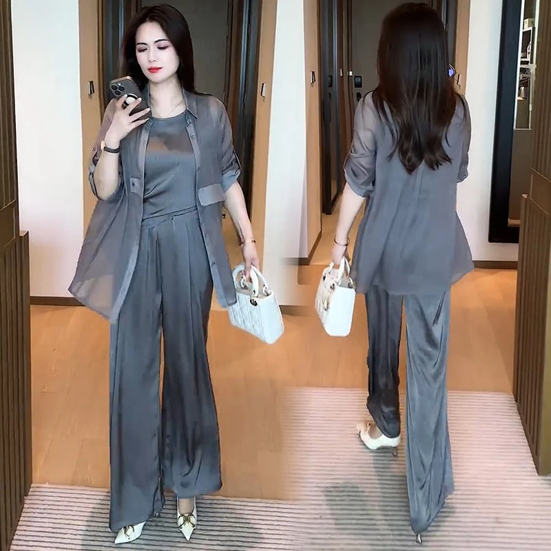 时尚套装女2025夏季新款洋气显瘦防晒衫衬衫吊带阔腿裤休闲三件套