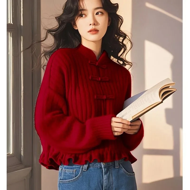 2025新款新中式盘扣毛衣女冬季绝美高级小众新年红色针织衫上衣女