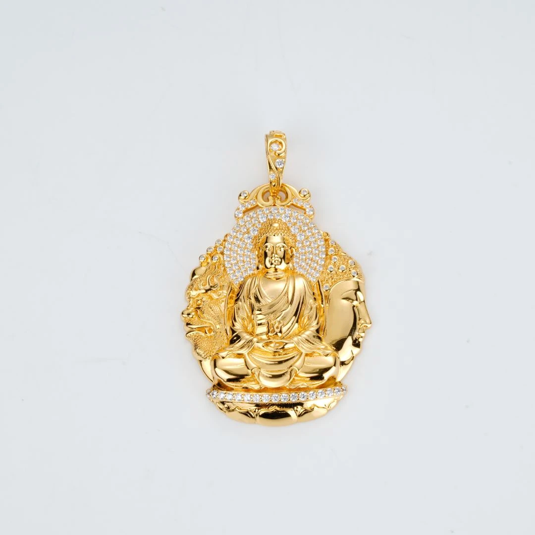吊坠925银合成锆石 2888-金色雕纹佛像豪镶百搭项链0315