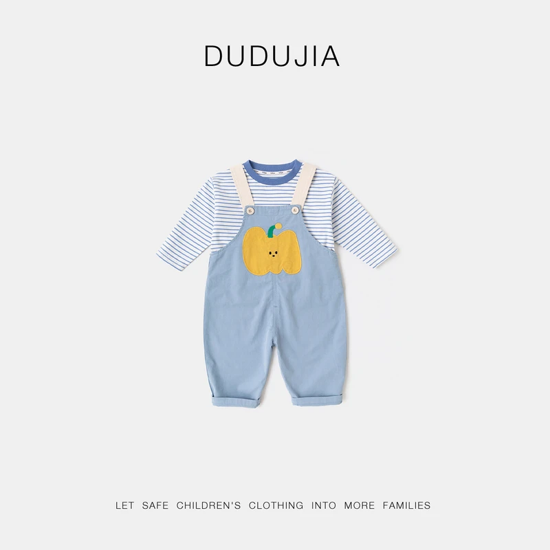 嘟嘟家儿童背带裤套装春秋款宝宝条纹T恤男童裤子两件套女童春装