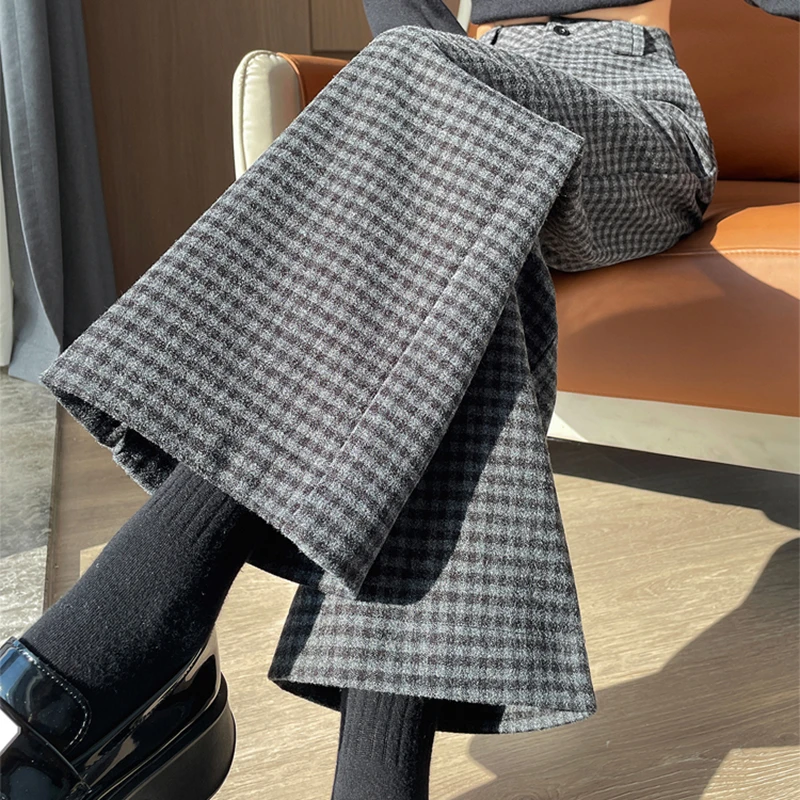 毛呢格子阔腿裤女秋冬2025新款九分小个子显高八分宽松直筒烟管裤