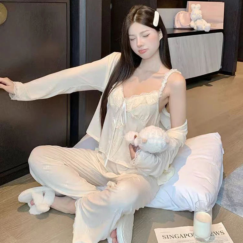 春夏新款带杯垫吊带三件套蝴蝶结压花睡衣甜美透气长袖套装1759