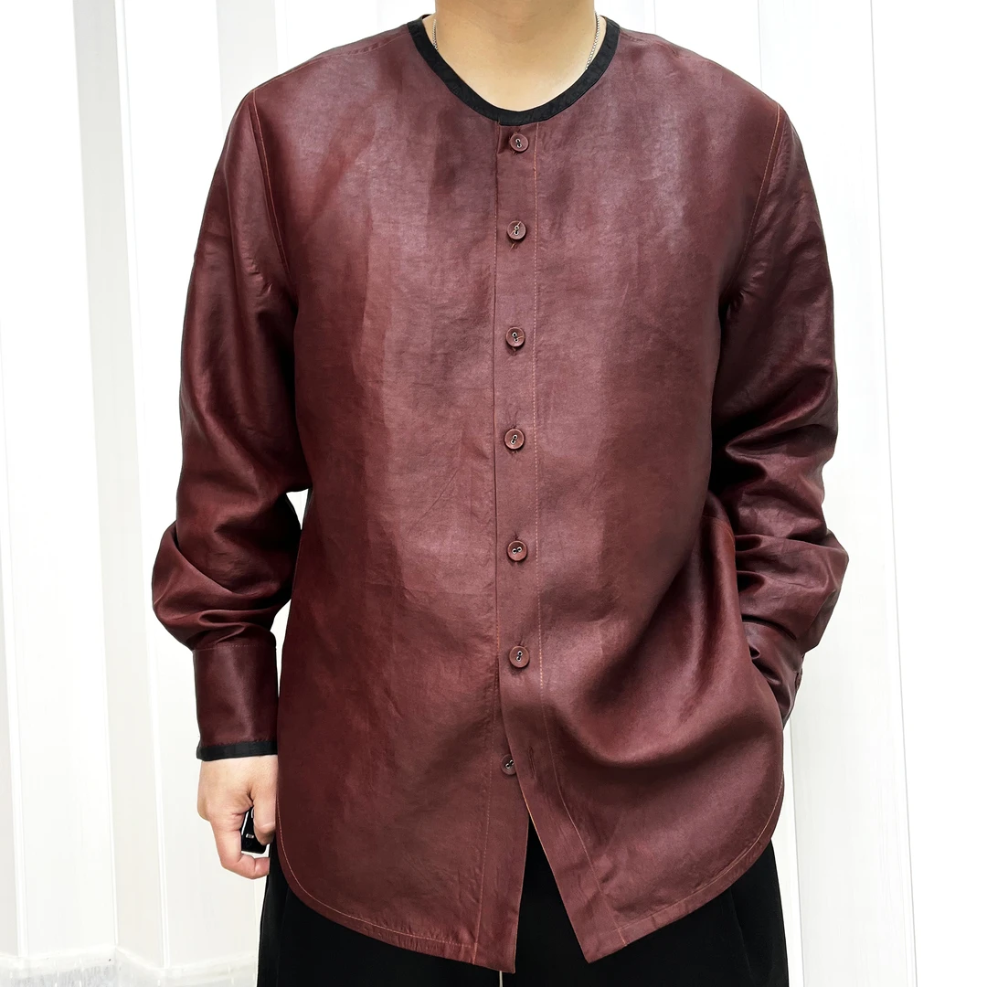 红云纱桑蚕丝香云纱男装春季薄款圆领宽松衬衫中式长袖衬衣2501