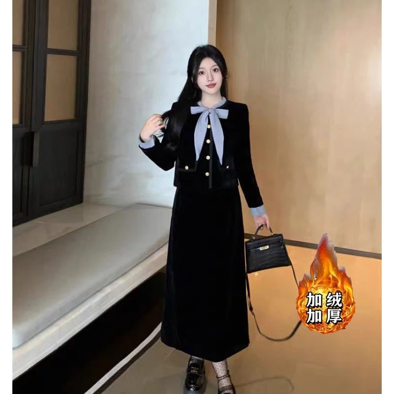 【清仓】显瘦小香风连衣裙胖mm秋冬气质高级感时尚法式两件套装1689