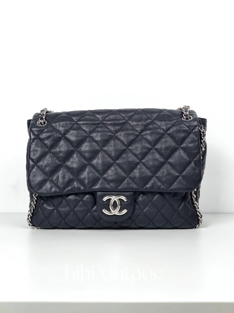 95新 Chanel/香奈儿 11C 黑银滚边机场包 /17020046/一店