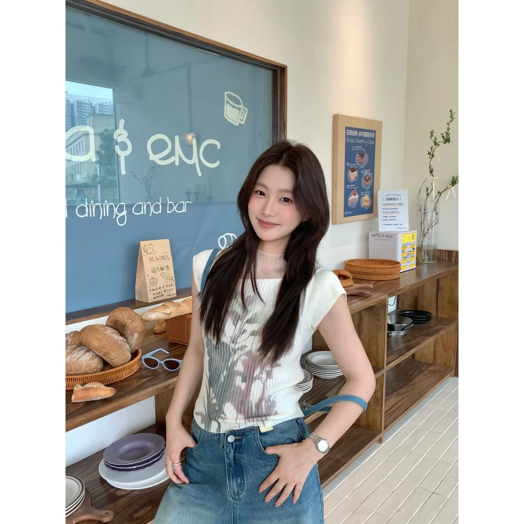 现货【谢不肉】夏季花朵印花拼接包芯纱修身休闲显瘦T恤上衣5650