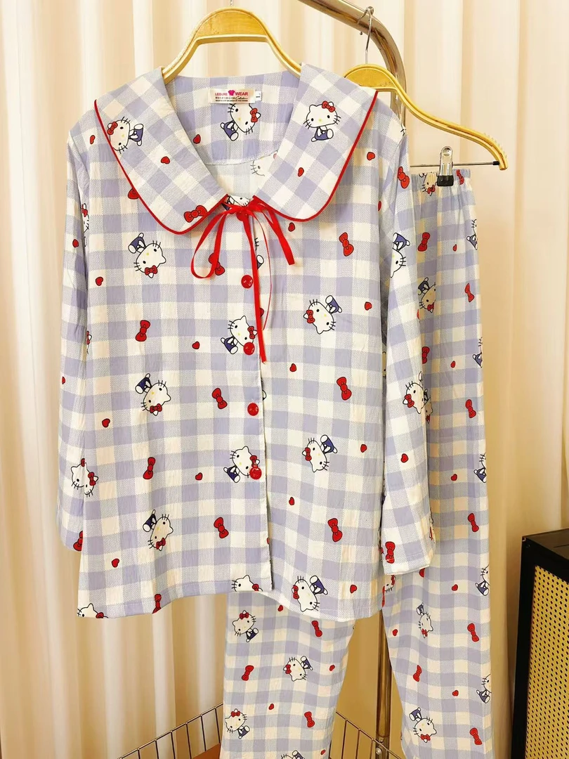 睡衣女宽松长袖套装韩版家居服格子小翻领薄款可外穿KT小猫