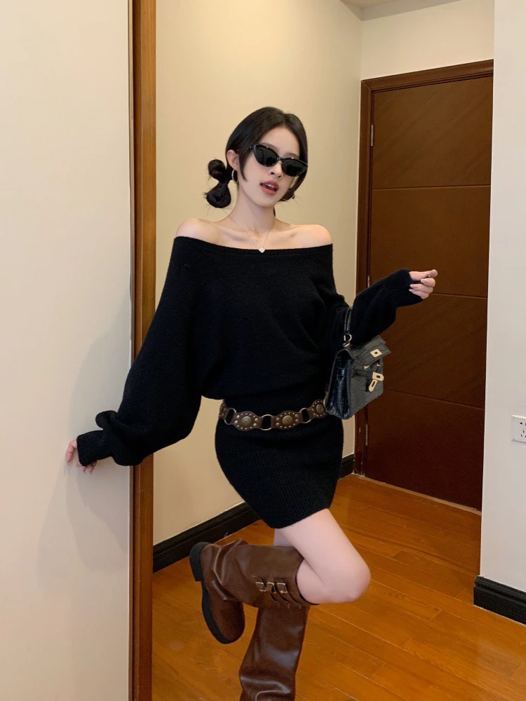 运补｝现货大码慵懒风长袖针织连衣裙内搭显瘦打底露肩短裙包臀裙