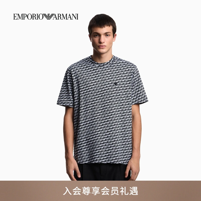 EMPORIO ARMANI/阿玛尼秋季新款男士纯棉圆领短袖提花薄T恤官方