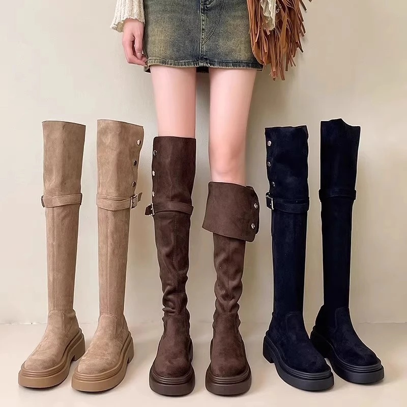 增高显瘦新款女靴可翻折靴子粗跟过膝骑士靴美拉德两穿过膝长靴