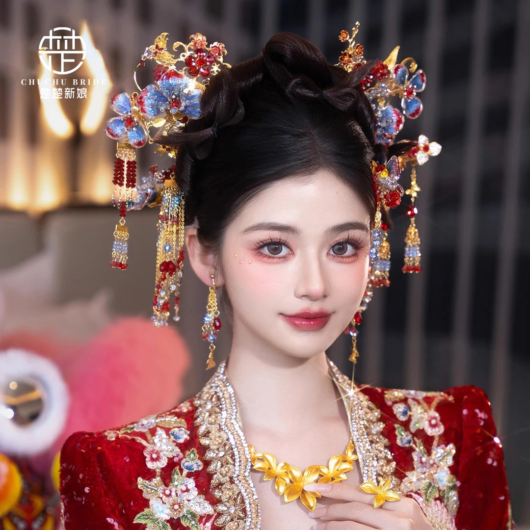 传统新娘秀禾古装头饰品中式复古手工水晶花朵簪子汉服发饰配饰