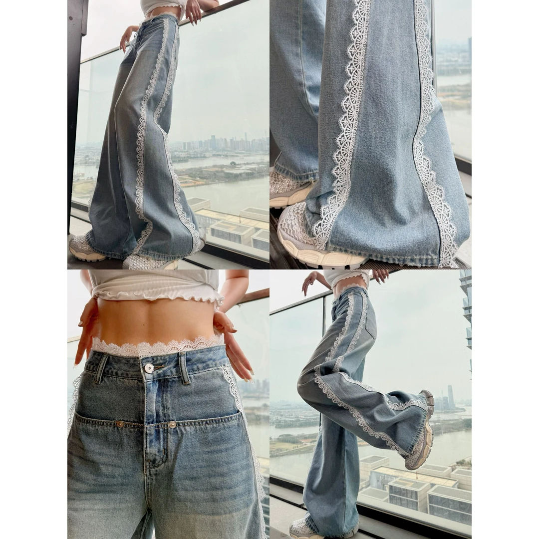 婉君W【蕾丝裤王】春款时尚蕾丝花边拼接百搭休闲牛仔裤LWJ25A1K386