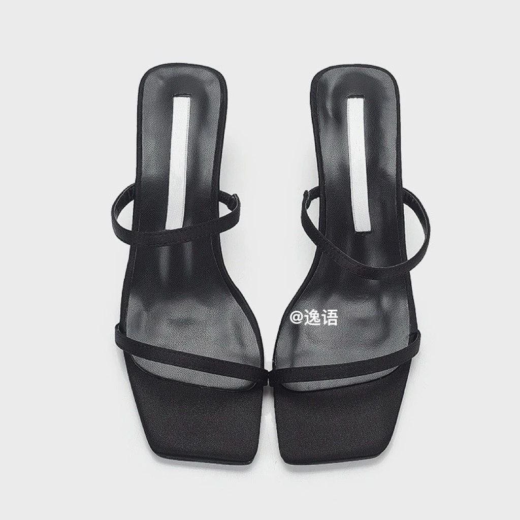 逸语 夏季细带方头露趾凉鞋女坡跟一脚蹬简约百搭高跟一字拖鞋