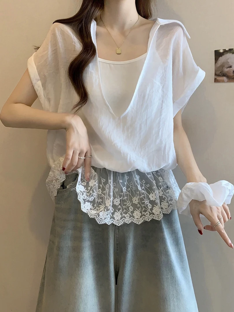 韩版蕾丝拼接短袖衬衫设计感小众显瘦百搭上衣