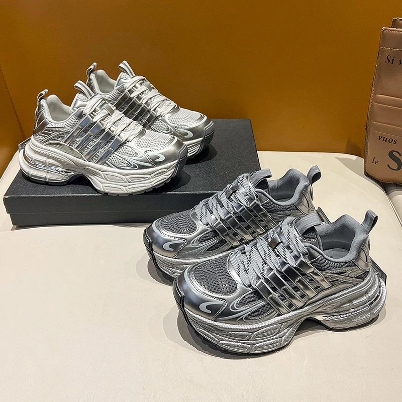 [酷酷世家]真皮厚底老爹鞋女2025新款春季小众增高休闲运动鞋