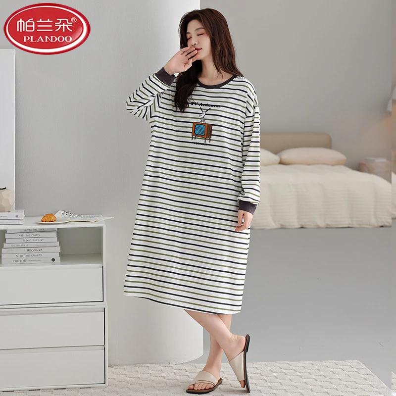 帕兰朵睡裙女春秋冬季100%纯棉长袖条纹女高级感宽松可外穿连衣裙