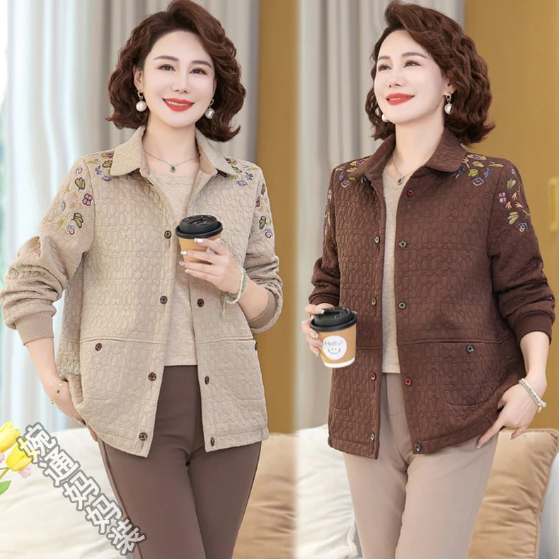 中年妈妈春装洋气休闲外套中老年女春秋气质夹克开衫绣花翻领上衣