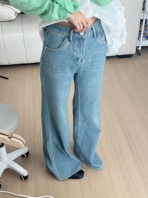 高腰显瘦直筒牛仔裤女微喇春季新款复古蓝阔腿裤