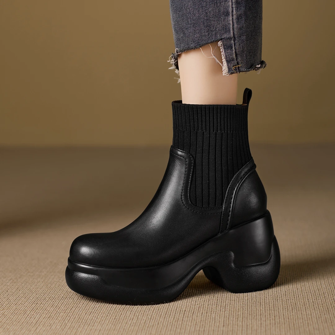 8cm厚底高跟袜靴秋冬圆头防水台短靴增高小个子显瘦针织弹力靴