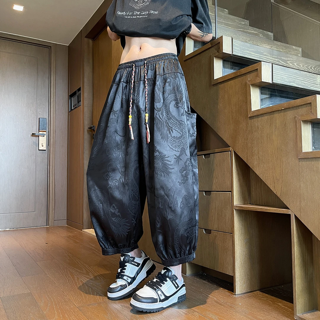 中国风男裤子冰丝速干休闲七分裤新中式龙纹提花夏季宽松运动短裤